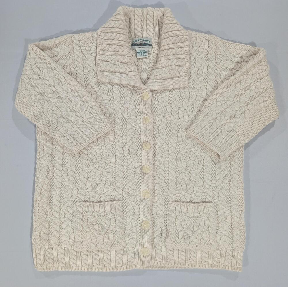 Aran Crafts Cardigan Sweater Mens L White Cable Knit Merino Wool Ireland